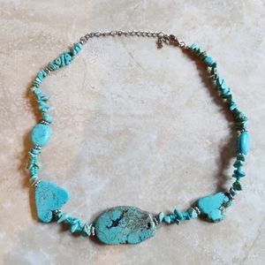Vintage Handmade Slab Turquoise Stone Silvertone Necklace